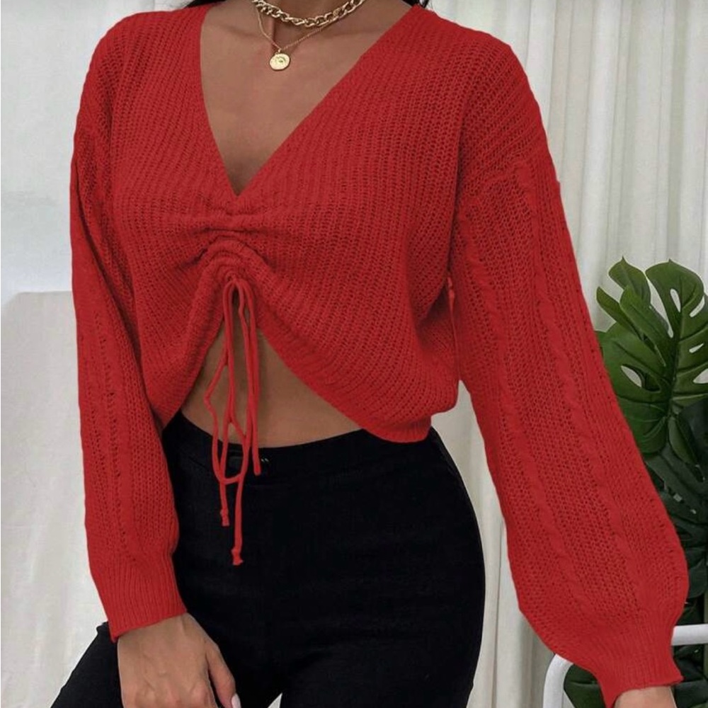 Red Cropped Knit Sweater